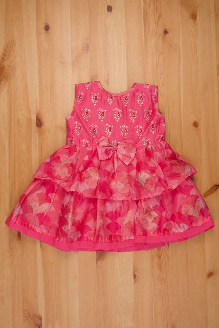 The Nesavu Girls Cotton Frock Fashionable Layered Pink Chanderi Frock - Block Printed Girls Cotton Dress Nesavu Chanderi Cotton Frock | Buy Cotton Frocks Online | The Neasvu