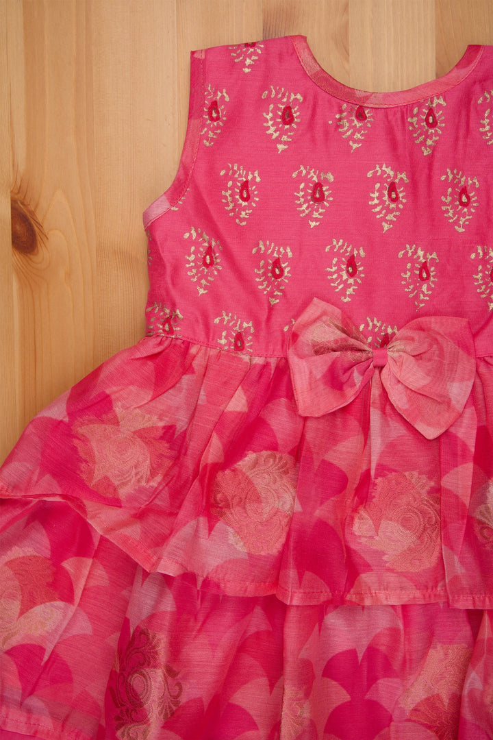 The Nesavu Girls Cotton Frock Fashionable Layered Pink Chanderi Frock - Block Printed Girls Cotton Dress Nesavu Chanderi Cotton Frock | Buy Cotton Frocks Online | The Neasvu