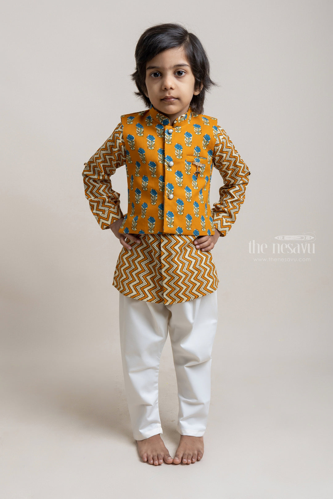 The Nesavu Boys Jacket Sets Fashionable Mustard Yellow Zig-Zag Printed Kurta Set With Overjacket For Boys Nesavu 12 (3M) / Yellow BES289C-12 Traditional Kids Wear | High-Quality Kurta set | The Nesavu