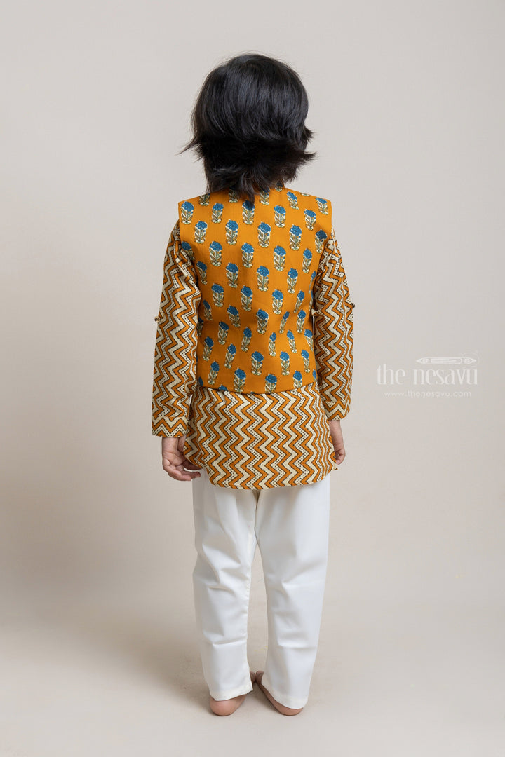 The Nesavu Boys Jacket Sets Fashionable Mustard Yellow Zig-Zag Printed Kurta Set With Overjacket For Boys Nesavu Traditional Kids Wear | High-Quality Kurta set | The Nesavu