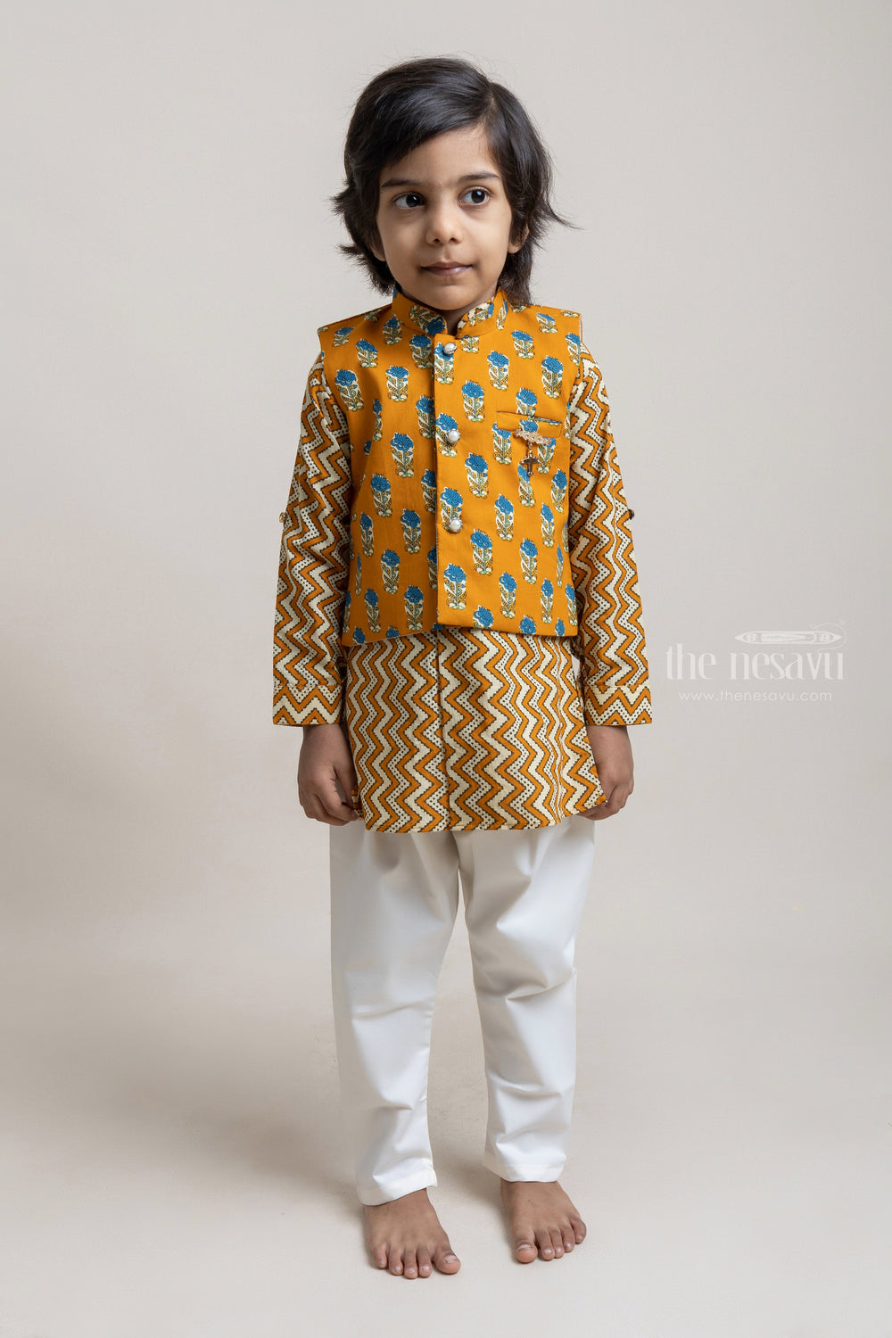 The Nesavu Boys Jacket Sets Fashionable Mustard Yellow Zig-Zag Printed Kurta Set With Overjacket For Boys Nesavu Traditional Kids Wear | High-Quality Kurta set | The Nesavu