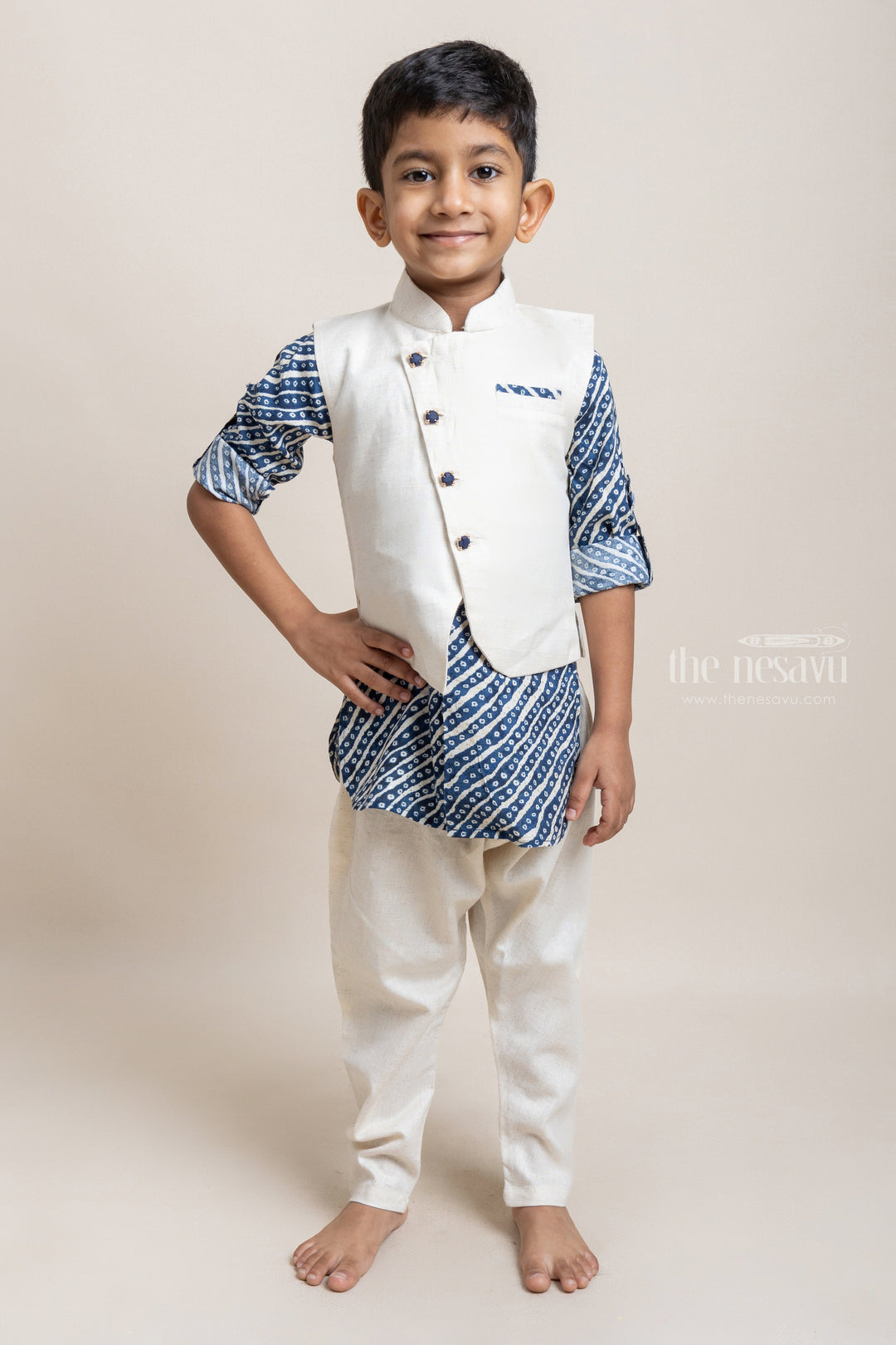 The Nesavu Boys Jacket Sets Fashionable Navy Blue Stripes Printed Kurta And Pant With Beige Over Coat For Boys Nesavu 10 (NB) / Beige / Rayon BES314A Shop the Latest Kurta Collection for Boys | Fashionable Kurta Collection | The Nesavu