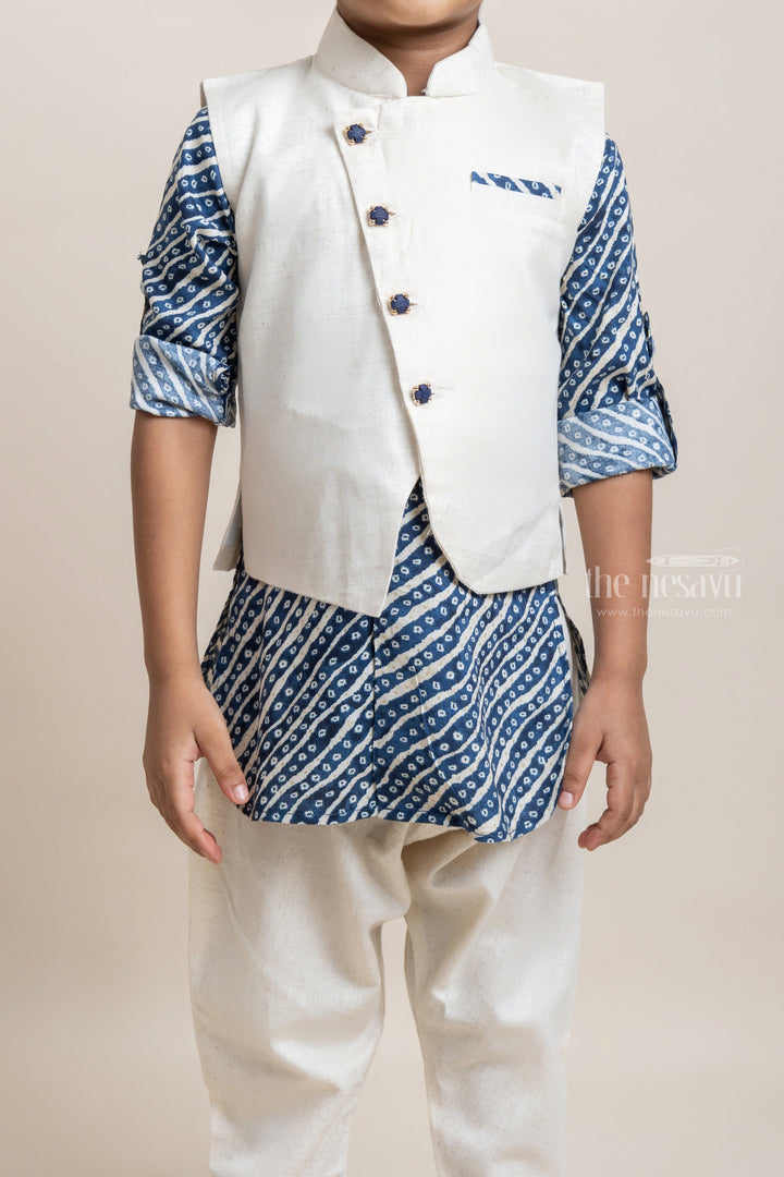 The Nesavu Boys Jacket Sets Fashionable Navy Blue Stripes Printed Kurta And Pant With Beige Over Coat For Boys Nesavu Shop the Latest Kurta Collection for Boys | Fashionable Kurta Collection | The Nesavu