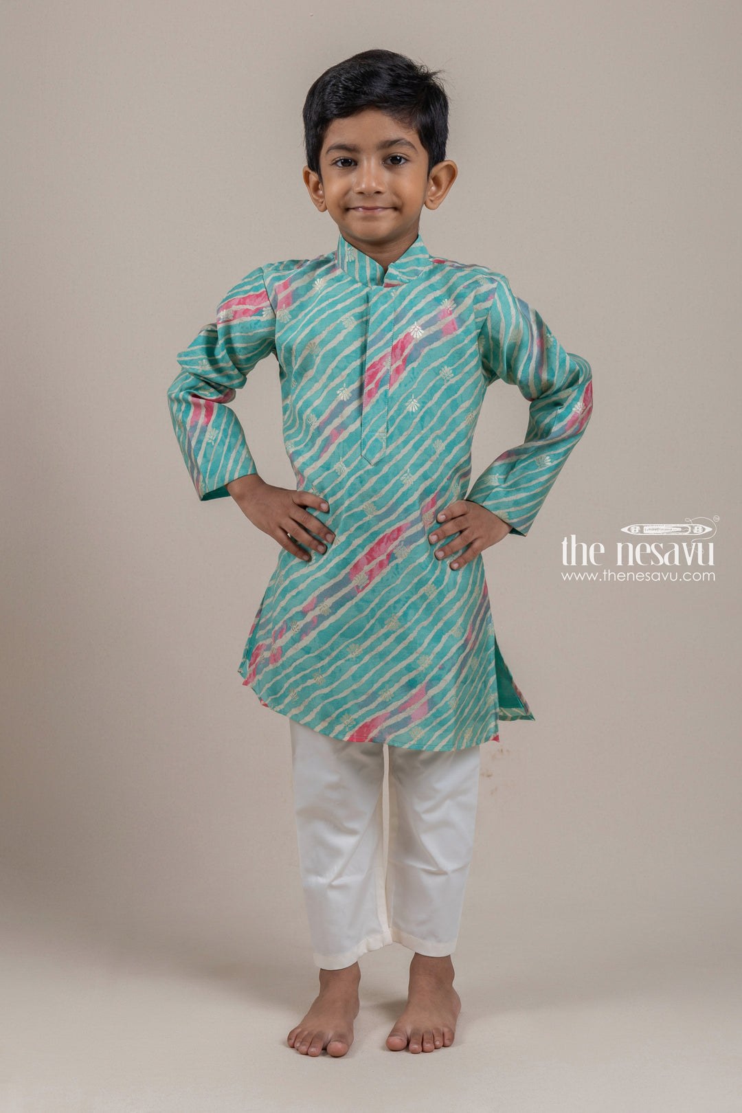 The Nesavu Boys Kurtha Set Fashionable Printed Green Kurta With White Pant For Boys Nesavu 26 (6Y) / Green / Chanderi BES286A-26 Latest kurta collection For Boys | New Collection For Boys | The Nesavu
