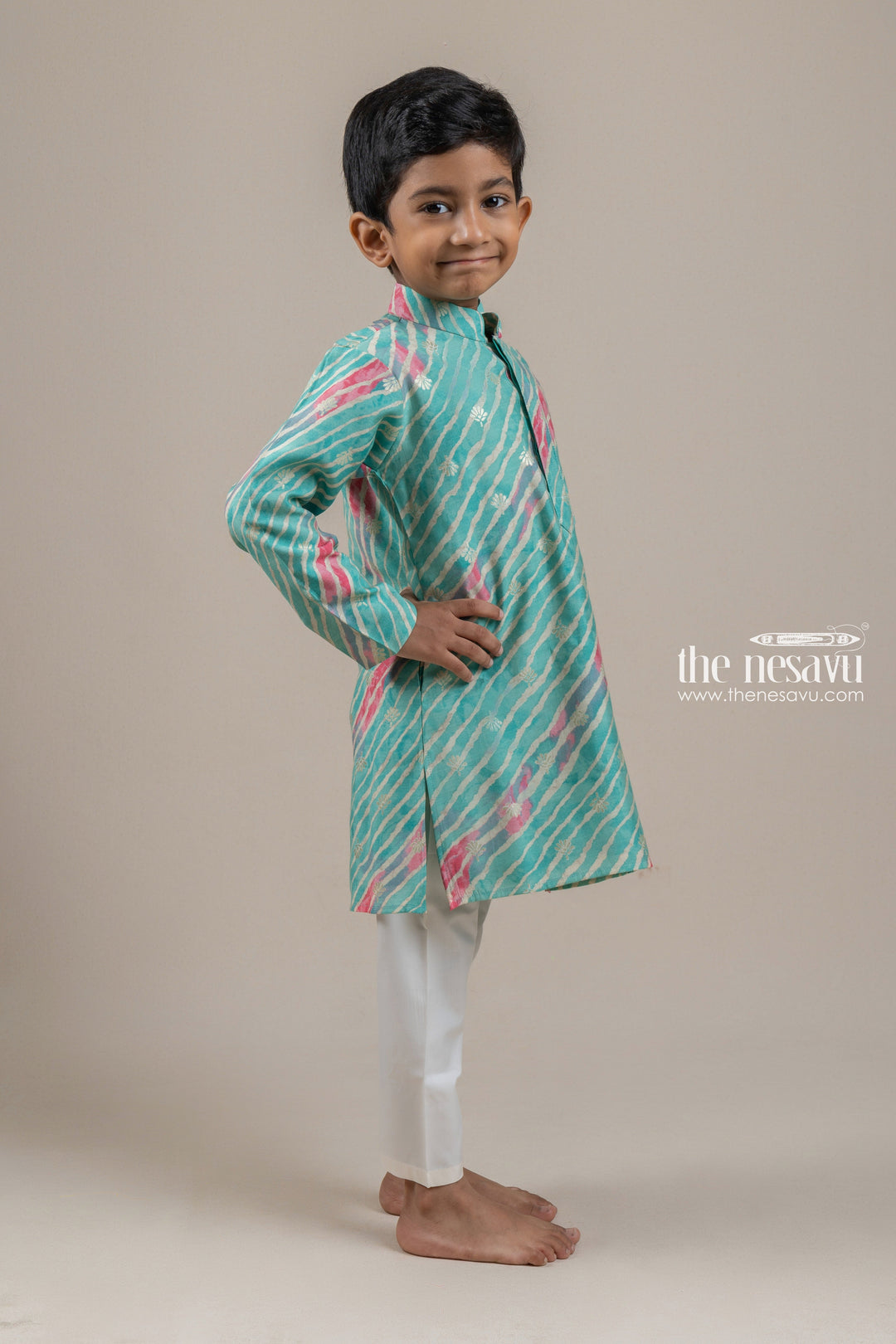 The Nesavu Boys Kurtha Set Fashionable Printed Green Kurta With White Pant For Boys Nesavu Latest kurta collection For Boys | New Collection For Boys | The Nesavu