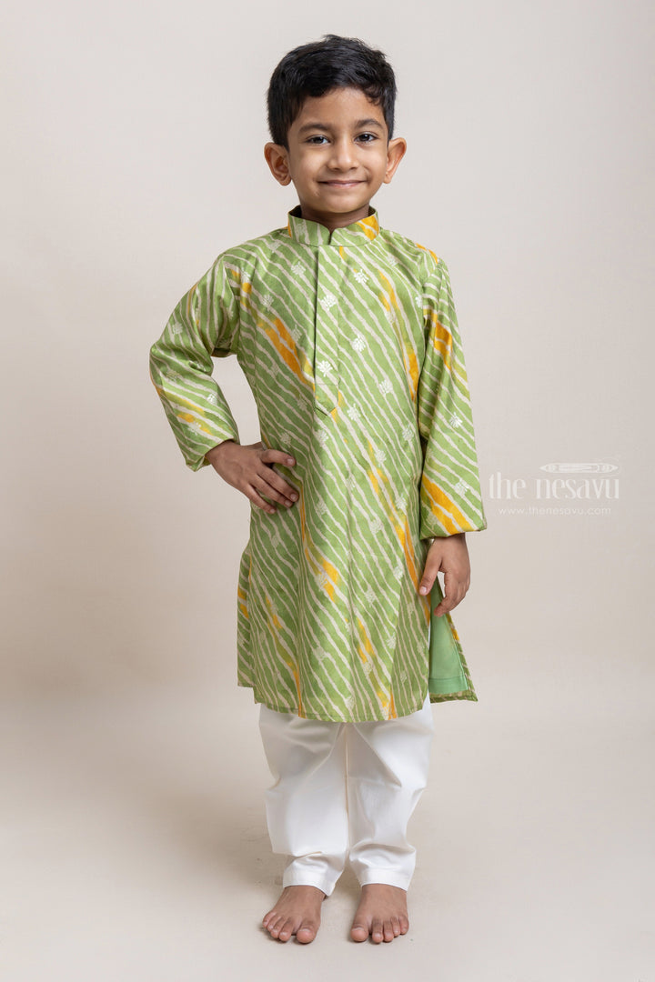 The Nesavu Boys Kurtha Set Fashionable Printed Lime Green Kurta With White Pant For Boys Nesavu 26 (6Y) / Green / Chanderi BES286B-26 Trendy Boys Kurta Set | Cotton Kurta For Boys | The Nesavu