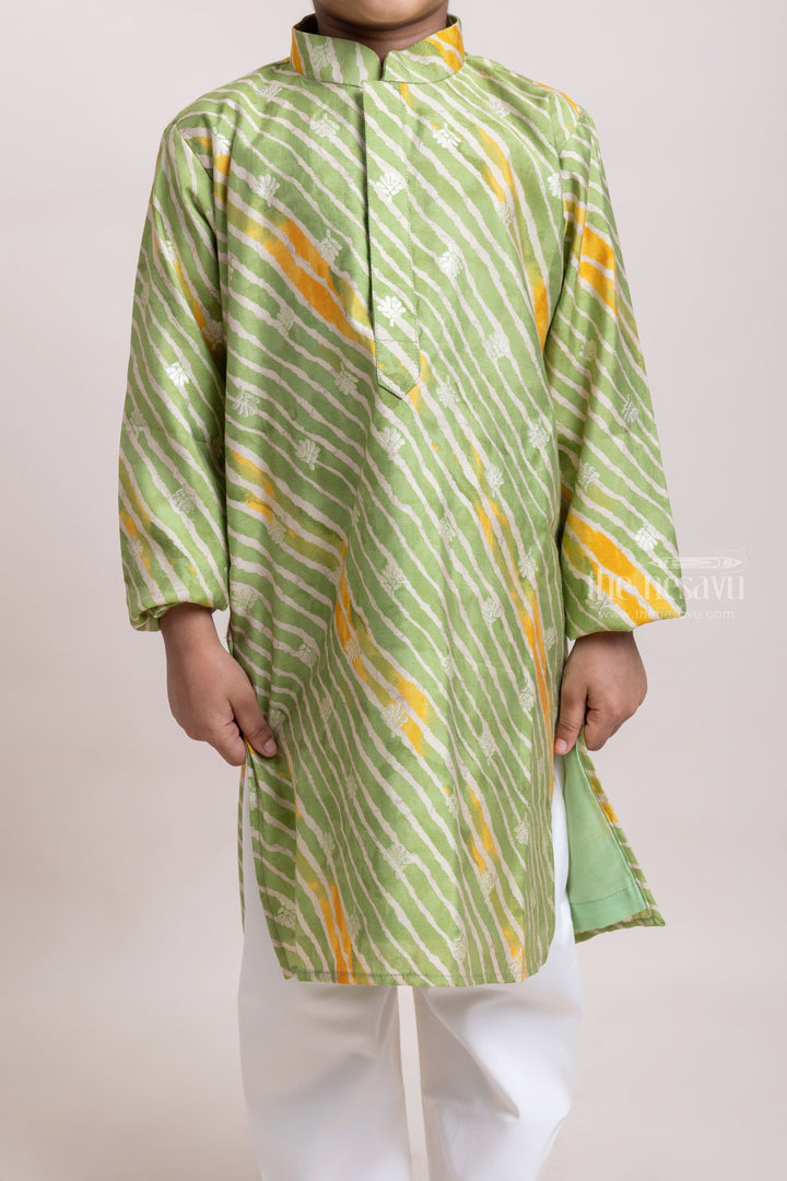 The Nesavu Boys Kurtha Set Fashionable Printed Lime Green Kurta With White Pant For Boys Nesavu Trendy Boys Kurta Set | Cotton Kurta For Boys | The Nesavu