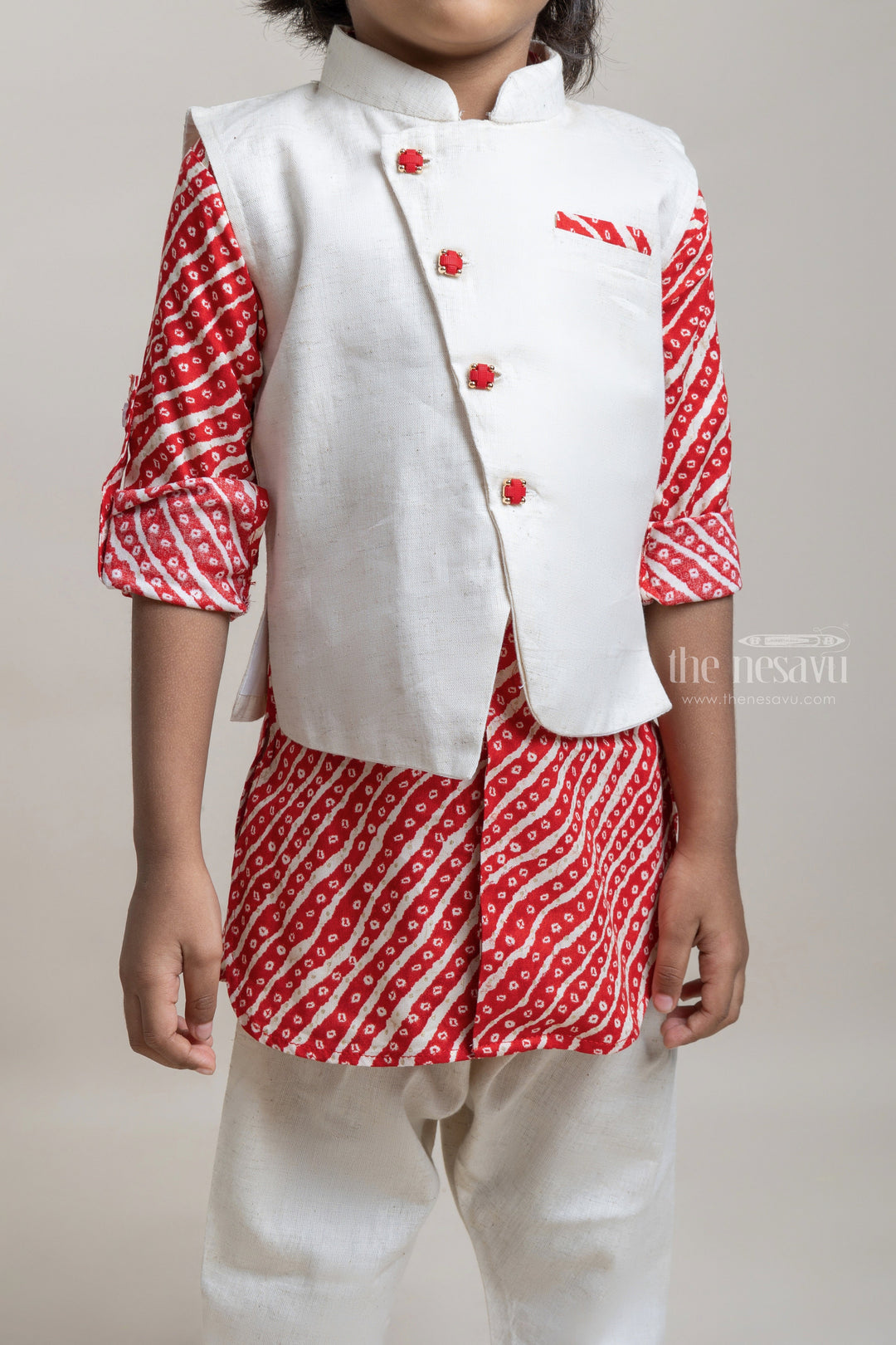 The Nesavu Boys Jacket Sets Fashionable Red Stripes Printed Kurta And Pant With Beige Over Coat For Boys Nesavu Shop the Latest Kurta Collection for Boys | Fashionable Kurta Collection | The Nesavu