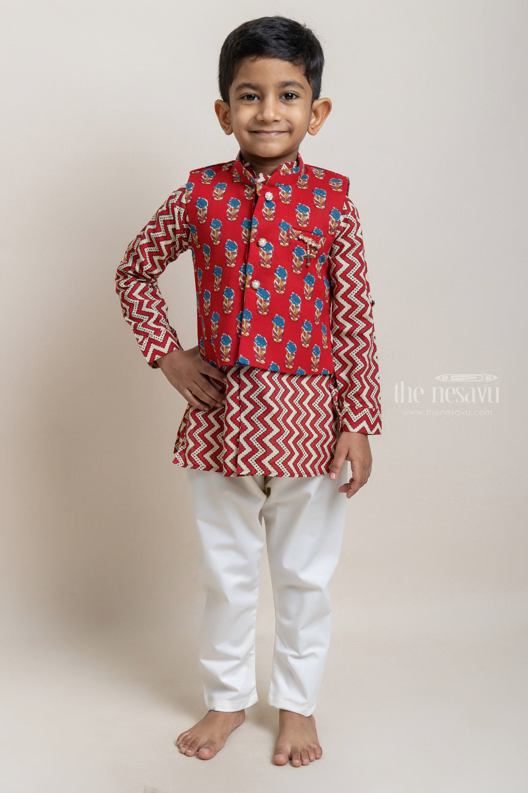 The Nesavu Boys Jacket Sets Fashionable Red Zig-Zag Printed Kurta Set With Overjacket For Boys Nesavu 12 (3M) / Maroon / Cotton BES289B-12 Festive Wear Collection For Boys | Premium kurta Set | The Nesavu