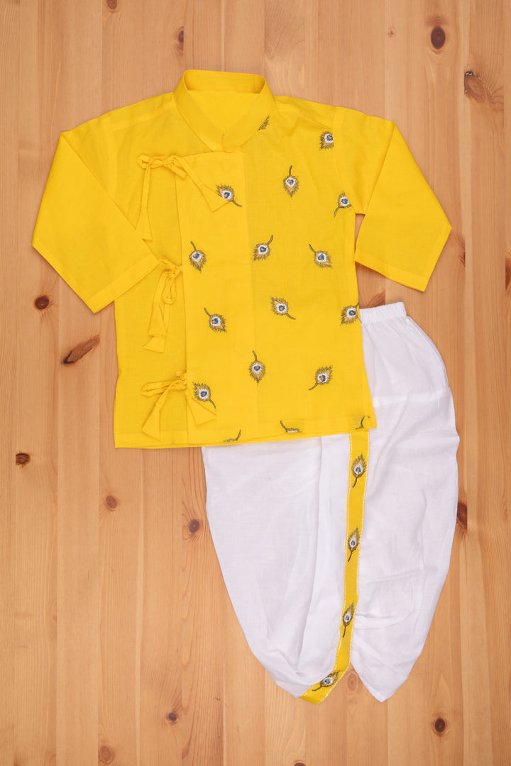 The Nesavu Boys Kurtha Set Feathered Elegance: Boys Yellow Kurta with Pretty Peacock Embroidery - Traditional Combo Nesavu 10 (NB) / Yellow BES358A-10 Boys Ethnic Wear for Festivals | Traditional Function kurta set for Boys | The Nesavu