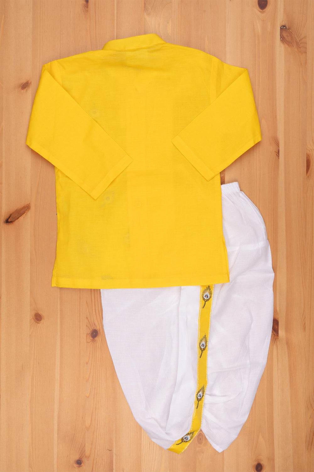 The Nesavu Boys Kurtha Set Feathered Elegance: Boys Yellow Kurta with Pretty Peacock Embroidery - Traditional Combo Nesavu Boys Ethnic Wear for Festivals | Traditional Function kurta set for Boys | The Nesavu