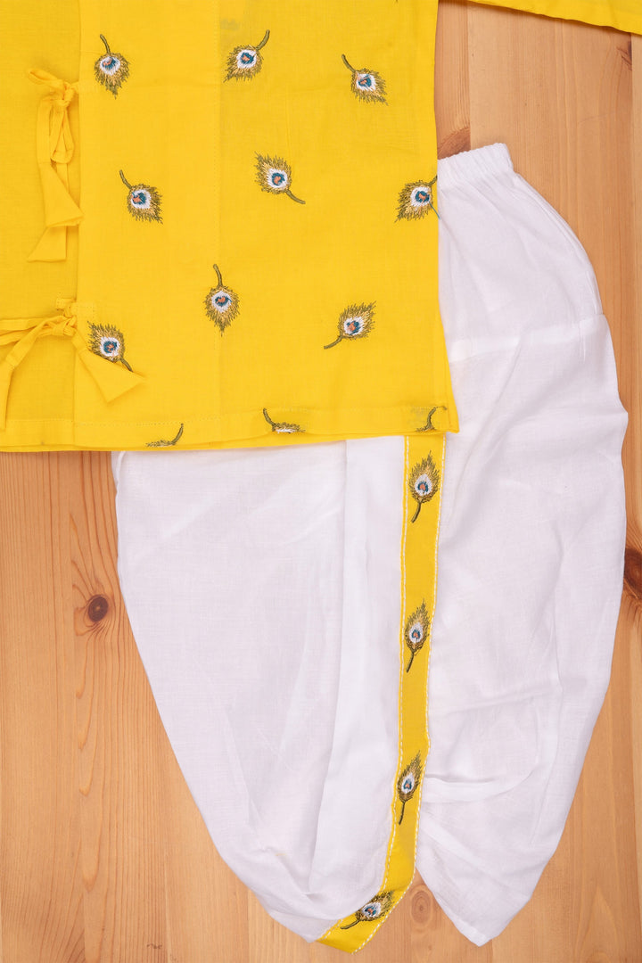 The Nesavu Boys Kurtha Set Feathered Elegance: Boys Yellow Kurta with Pretty Peacock Embroidery - Traditional Combo Nesavu Boys Ethnic Wear for Festivals | Traditional Function kurta set for Boys | The Nesavu