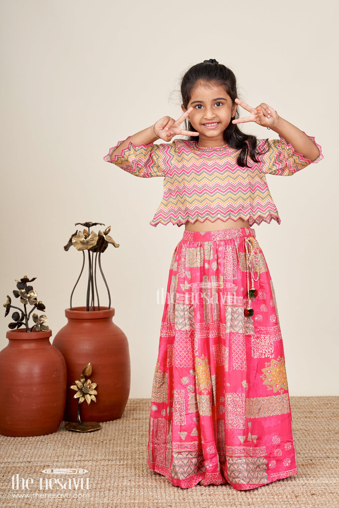 The Nesavu Girls Lehenga Choli Festival Lehenga For Girls Embroidered Ethnic Outfit Nesavu 18 (2Y) / Red GL665B-18 Nesavu Pink Girls Festival Lehenga Digital Print Zigzag Pattern Blouse Ethnic Styling