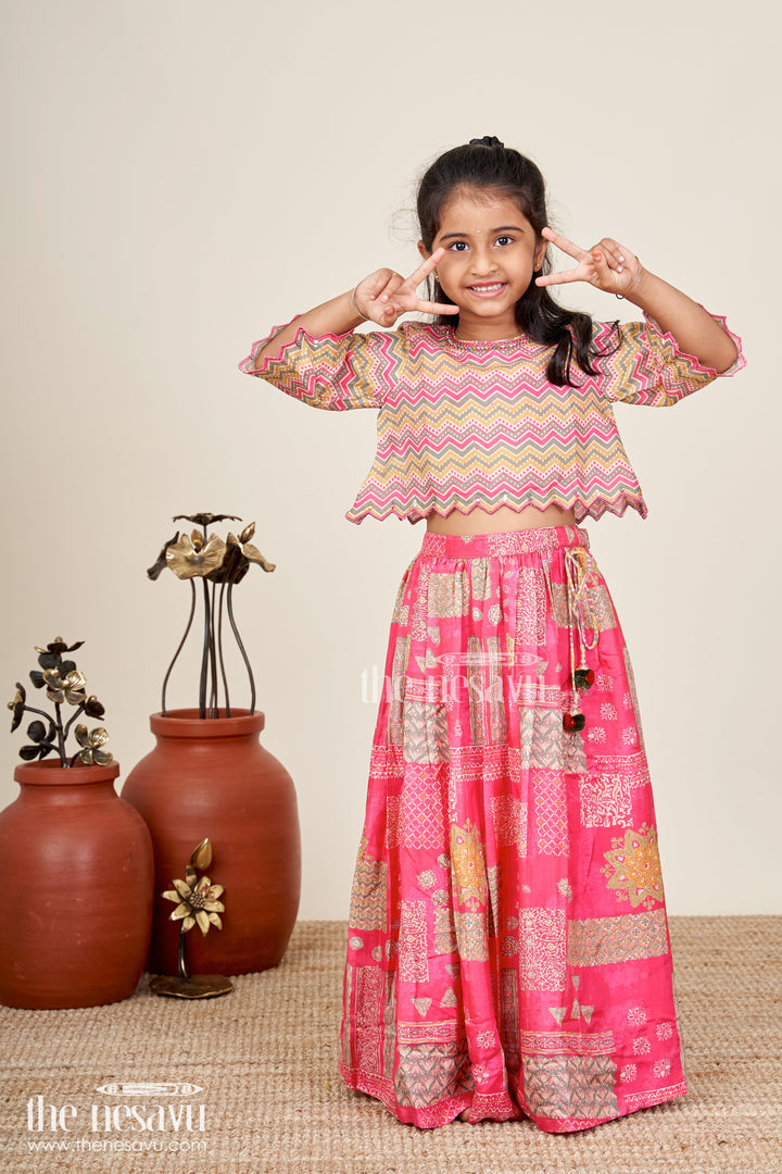 The Nesavu Girls Lehenga Choli Festival Lehenga For Girls Embroidered Ethnic Outfit Nesavu 18 (2Y) / Red GL665B-18 Nesavu Pink Girls Festival Lehenga Digital Print Zigzag Pattern Blouse Ethnic Styling