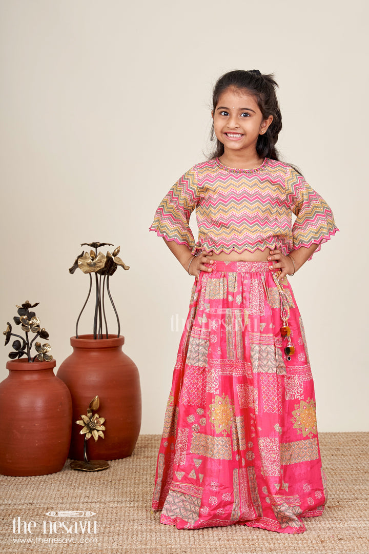 The Nesavu Girls Lehenga Choli Festival Lehenga For Girls Embroidered Ethnic Outfit Nesavu Nesavu Pink Girls Festival Lehenga Digital Print Zigzag Pattern Blouse Ethnic Styling