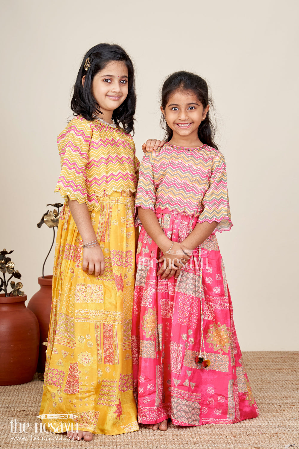 The Nesavu Girls Lehenga Choli Festival Lehenga For Girls Embroidered Ethnic Outfit Nesavu Nesavu Pink Girls Festival Lehenga Digital Print Zigzag Pattern Blouse Ethnic Styling