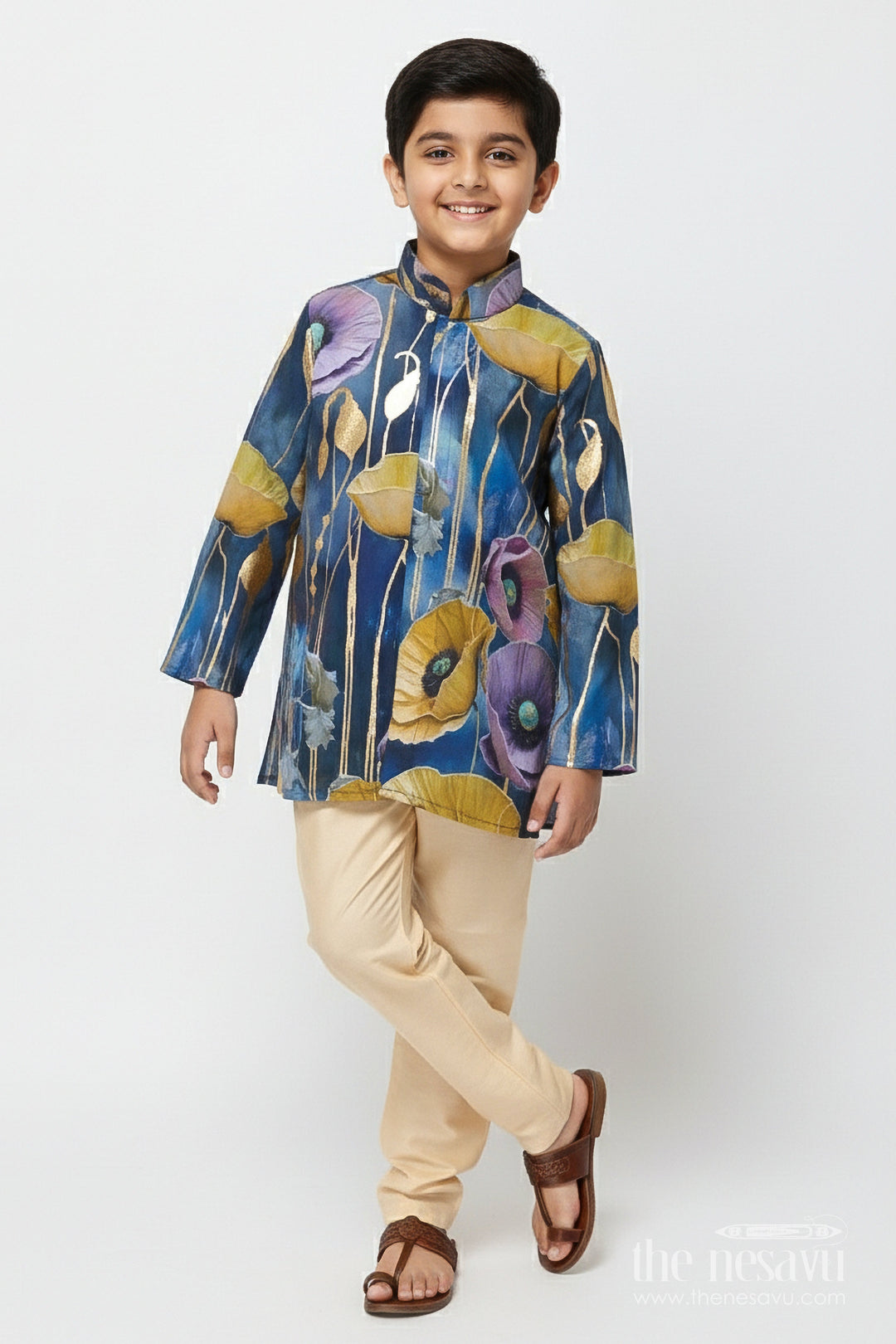 The Nesavu Boys Kurtha Set Festive Boys Kurta Set with Floral Foil Detailing and Silk Blend Nesavu 14 (6M) / Yellow BES842B-14 Nesavu boys silk blend kurta set foil floral print perfect festive days weddings