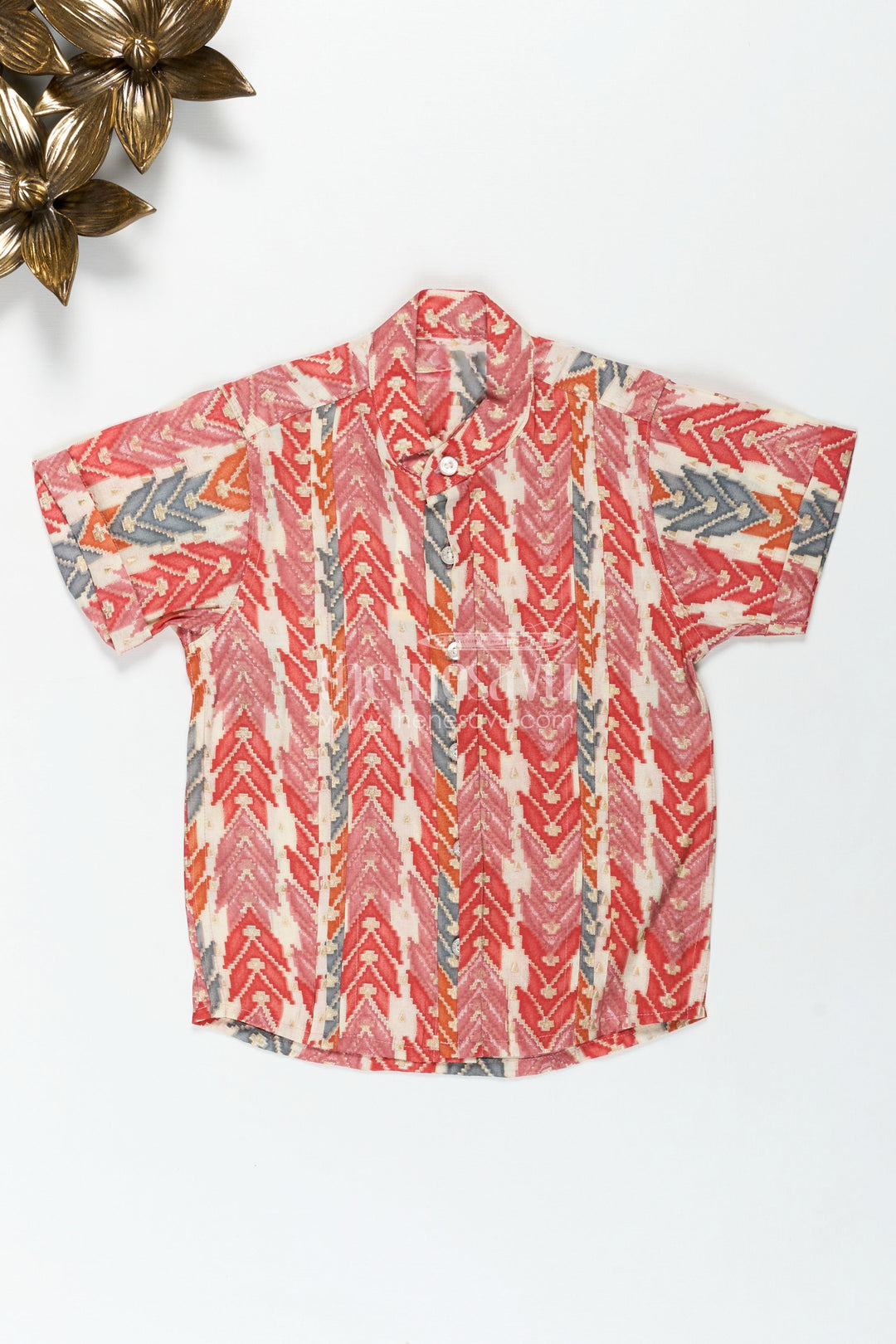 The Nesavu Boys Cotton Shirt Festive Boys Shirt with Tribal Pattern in Warm Tones and Soft Modal Silk for a Vibrant Traditional Look Nesavu 16 (1Y) / Red BS258B-16 Nesavu Festive Boys Shirt Tribal Digital Print Modal Silk Traditional Celebrations