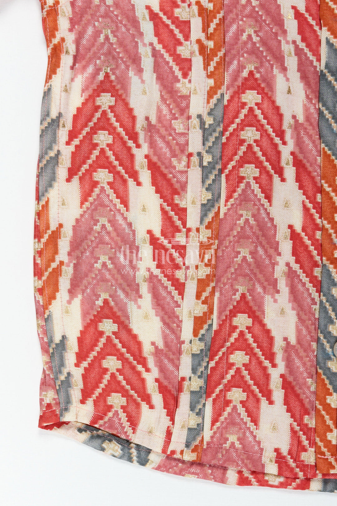 The Nesavu Boys Cotton Shirt Festive Boys Shirt with Tribal Pattern in Warm Tones and Soft Modal Silk for a Vibrant Traditional Look Nesavu Nesavu Festive Boys Shirt Tribal Digital Print Modal Silk Traditional Celebrations
