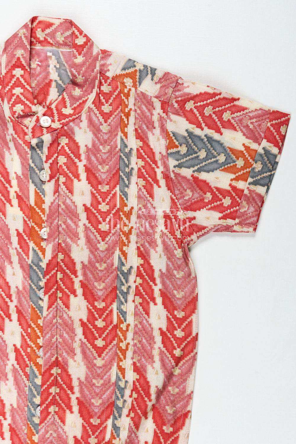 The Nesavu Boys Cotton Shirt Festive Boys Shirt with Tribal Pattern in Warm Tones and Soft Modal Silk for a Vibrant Traditional Look Nesavu Nesavu Festive Boys Shirt Tribal Digital Print Modal Silk Traditional Celebrations