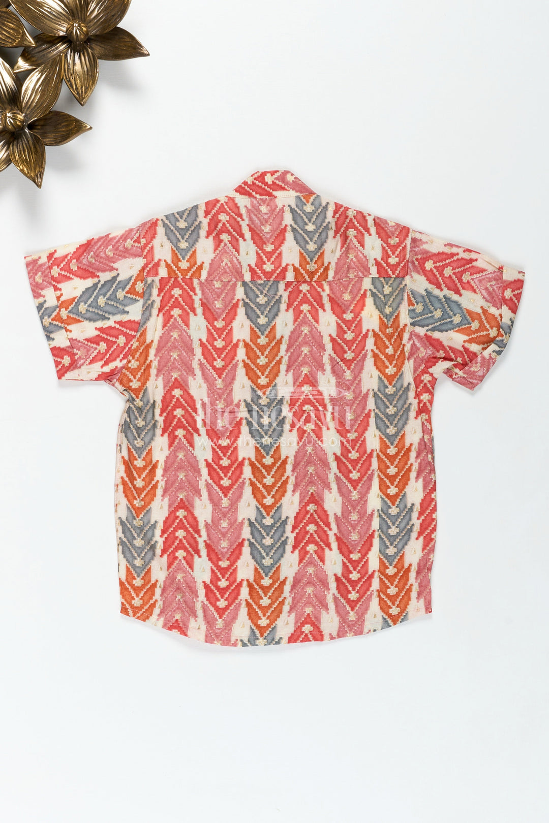The Nesavu Boys Cotton Shirt Festive Boys Shirt with Tribal Pattern in Warm Tones and Soft Modal Silk for a Vibrant Traditional Look Nesavu Nesavu Festive Boys Shirt Tribal Digital Print Modal Silk Traditional Celebrations