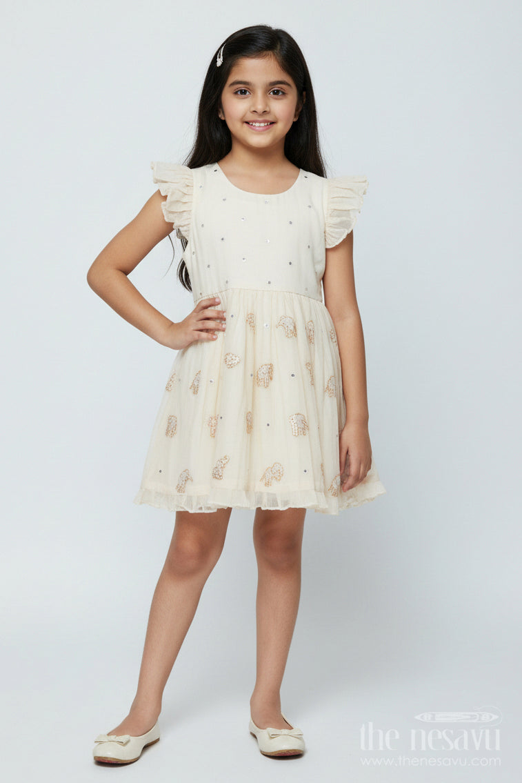 The Nesavu Girls Chanderi Frock Festive Chanderi Frock for Baby Girls for Cultural Events and Rituals Nesavu 16 (1Y) / Cream GFC1998A-16 Nesavu festive chanderi embroidered frock baby girls cultural events traditional rituals