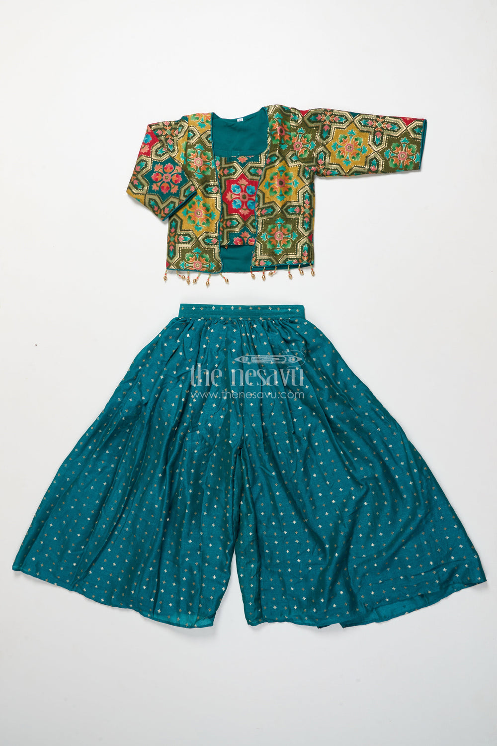 The Nesavu Girls Sharara / Plazo Set Festive Ethnic Sharara Set with Embroidered Jacket and Mirror Detailing Nesavu 24 (5Y) / Turquoise GPS874A-24 Nesavu girls ethnic sharara set embroidered festive jacket flared pants