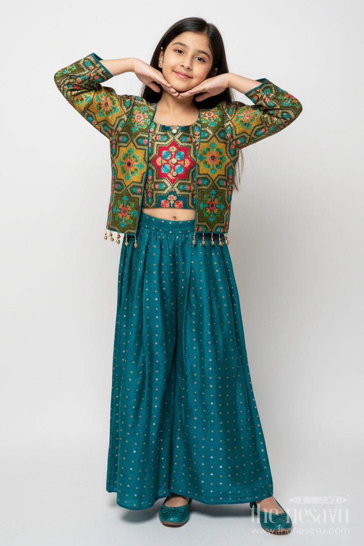 The Nesavu Girls Sharara / Plazo Set Festive Ethnic Sharara Set with Embroidered Jacket and Mirror Detailing Nesavu 24 (5Y) / Turquoise GPS874A-24 Nesavu girls ethnic sharara set embroidered festive jacket flared pants