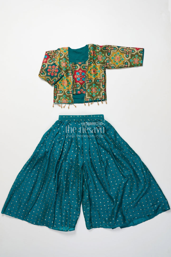 The Nesavu Girls Sharara / Plazo Set Festive Ethnic Sharara Set with Embroidered Jacket and Mirror Detailing Nesavu Nesavu girls ethnic sharara set embroidered festive jacket flared pants