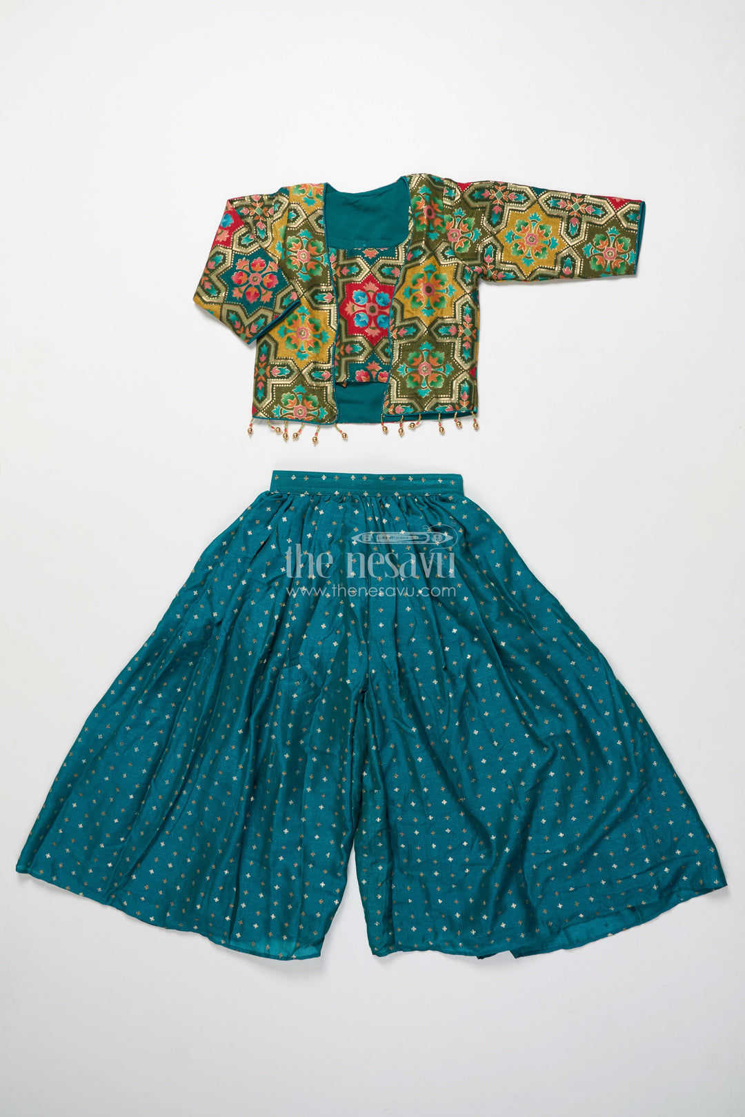 The Nesavu Girls Sharara / Plazo Set Festive Ethnic Sharara Set with Embroidered Jacket and Mirror Detailing Nesavu Nesavu girls ethnic sharara set embroidered festive jacket flared pants
