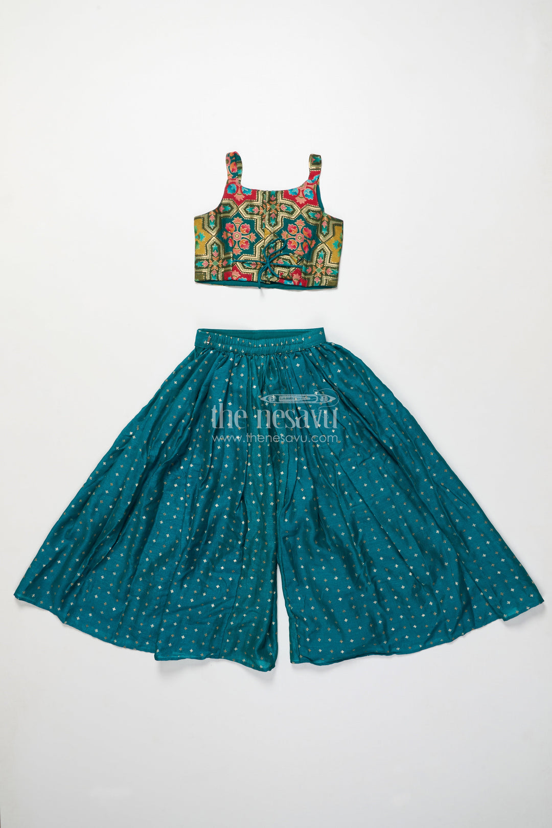 The Nesavu Girls Sharara / Plazo Set Festive Ethnic Sharara Set with Embroidered Jacket and Mirror Detailing Nesavu Nesavu girls ethnic sharara set embroidered festive jacket flared pants