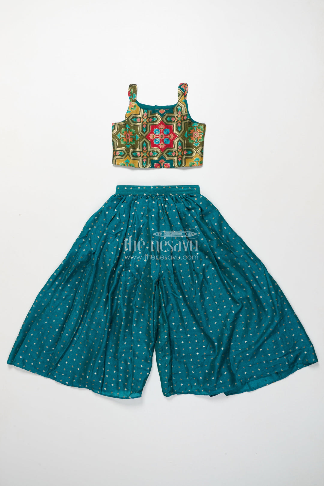 The Nesavu Girls Sharara / Plazo Set Festive Ethnic Sharara Set with Embroidered Jacket and Mirror Detailing Nesavu Nesavu girls ethnic sharara set embroidered festive jacket flared pants