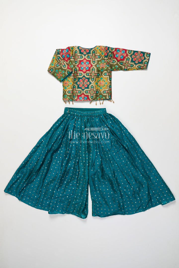 The Nesavu Girls Sharara / Plazo Set Festive Ethnic Sharara Set with Embroidered Jacket and Mirror Detailing Nesavu Nesavu girls ethnic sharara set embroidered festive jacket flared pants