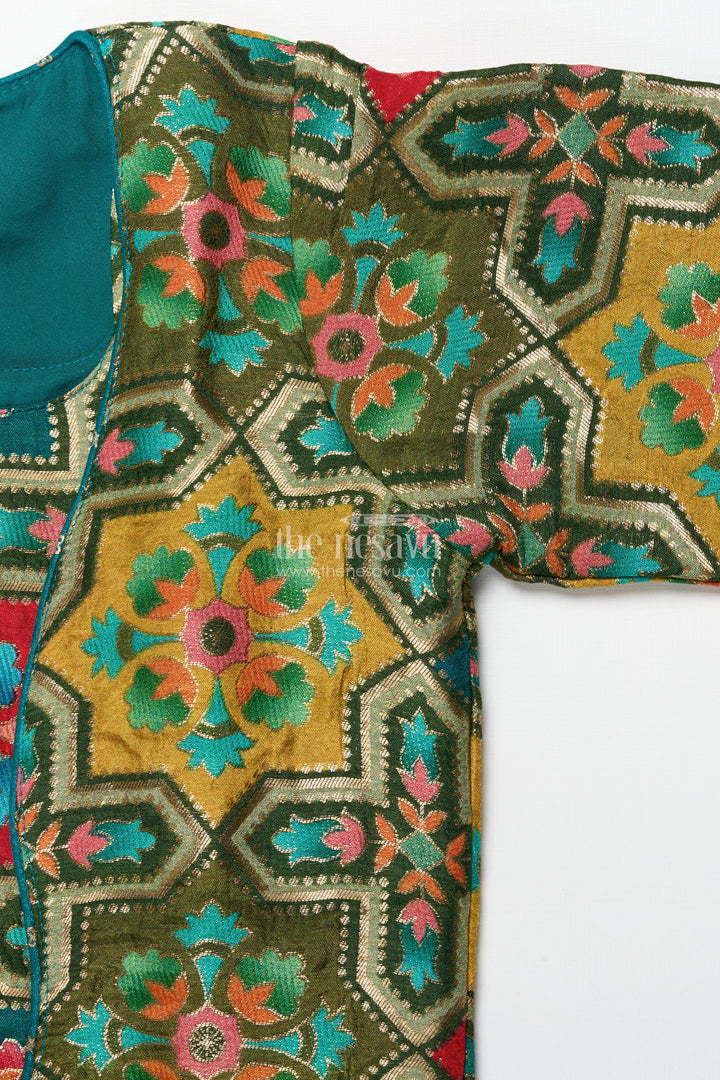 The Nesavu Girls Sharara / Plazo Set Festive Ethnic Sharara Set with Embroidered Jacket and Mirror Detailing Nesavu Nesavu girls ethnic sharara set embroidered festive jacket flared pants