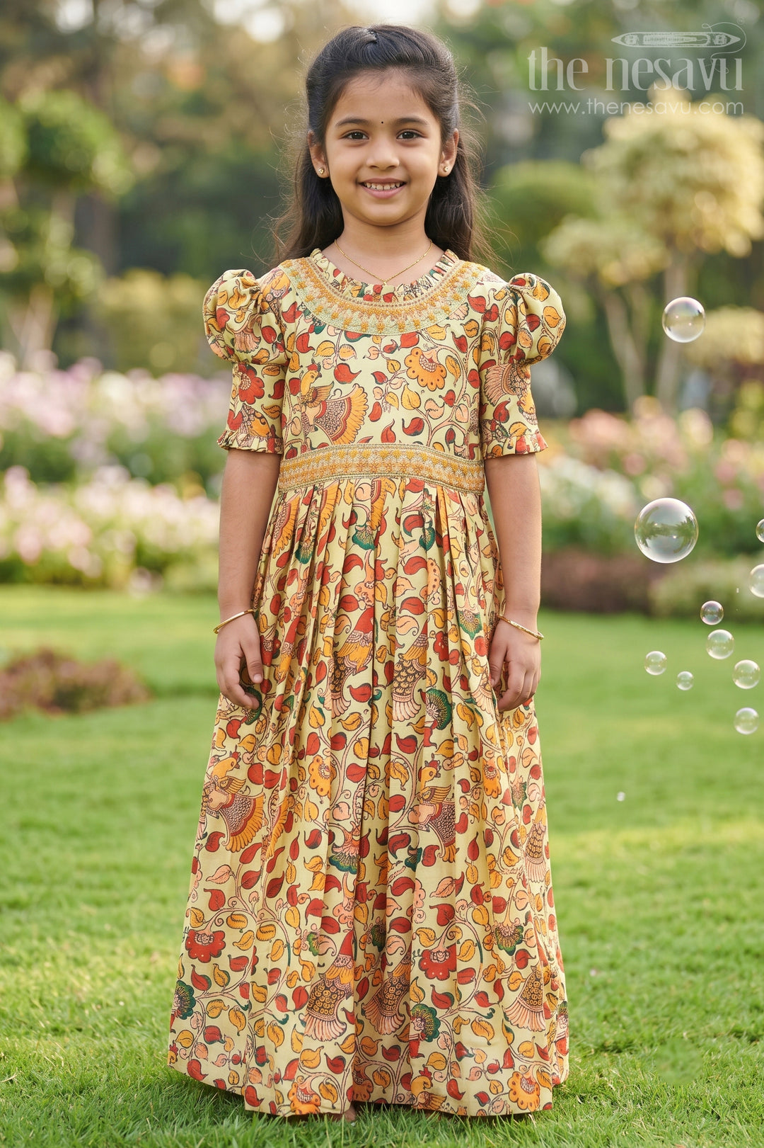 The Nesavu Girls Silk Gown Festive Foliage Green Anarkali Gown for Girls with Traditional Print Nesavu 16 (1Y) / Green / Blend Silk GA202A-16 Traditional Print Green Anarkali Dress for Girls | The Nesavu