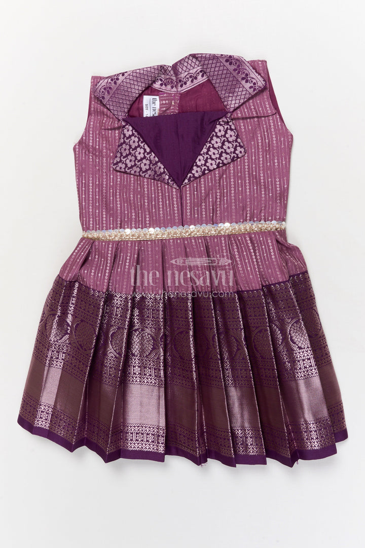 The Nesavu Girls Kanchi Silk Frock Festive Kanchi Silk Frock for Toddler Girls for Birthdays and Poojas Nesavu 16 (1Y) / Purple / Silk Blend SF1006BB-16 Nesavu festive kanchi silk frock for toddler girls with zari pleats and printed collar design
