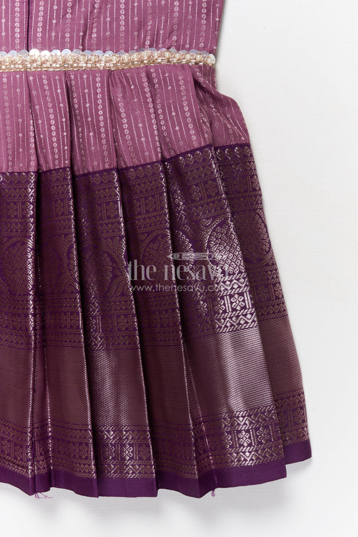 The Nesavu Girls Kanchi Silk Frock Festive Kanchi Silk Frock for Toddler Girls for Birthdays and Poojas Nesavu Nesavu festive kanchi silk frock for toddler girls with zari pleats and printed collar design