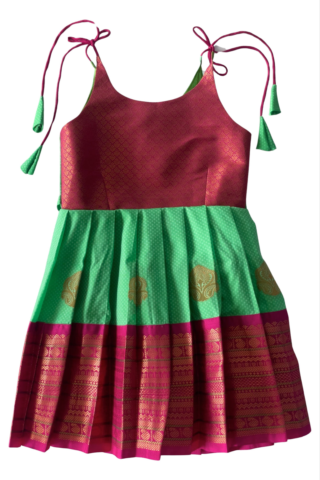 The Nesavu Tie Up Frock Festive Maroon and Emerald Green Silk Tieup frock with Elegant Embroidery Nesavu 14 (6M) / Green / Style 1 T309A-14 Girls' Maroon and Green Embroidered Silk Tieup Frock | The Nesavu