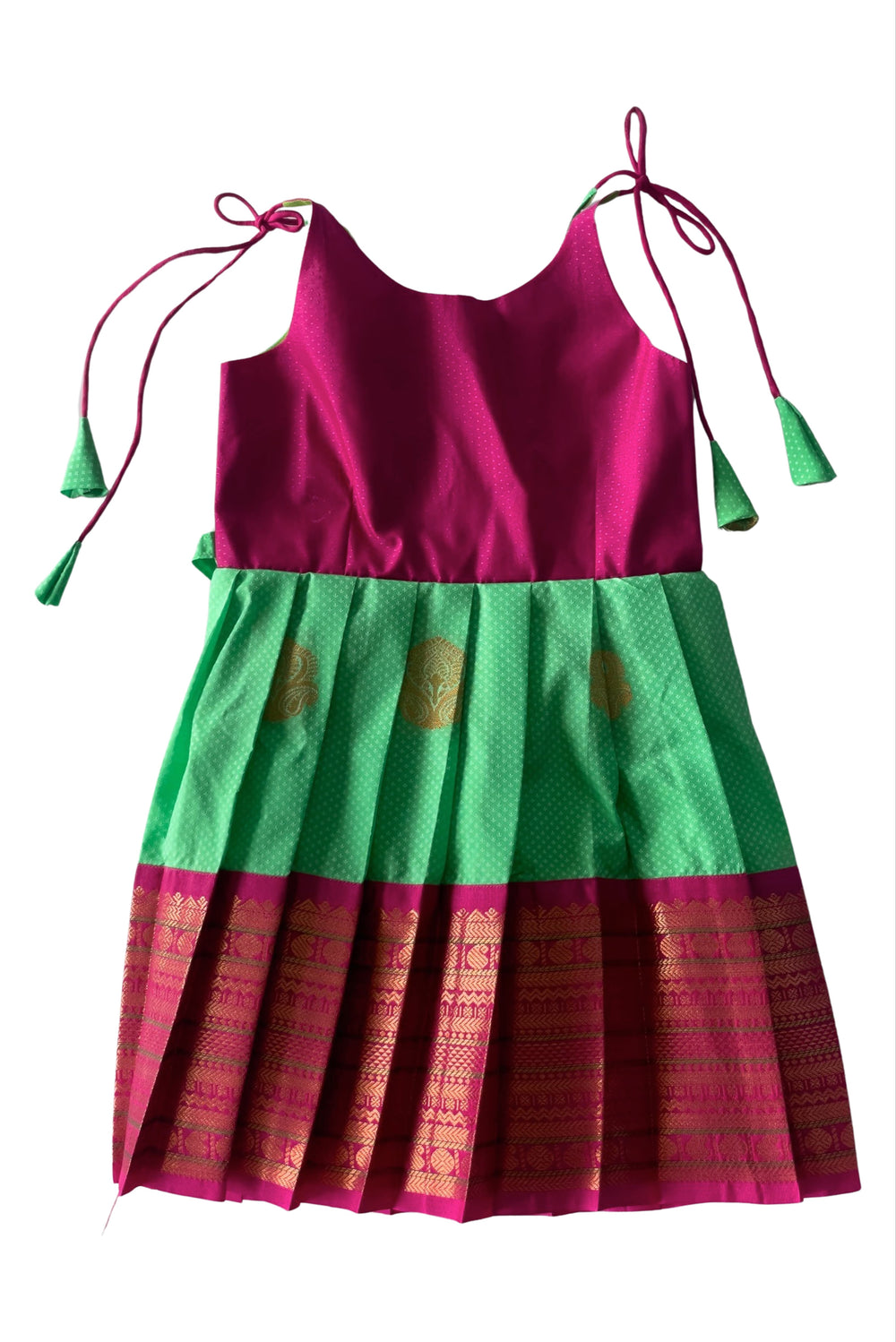 The Nesavu Tie Up Frock Festive Maroon and Emerald Green Silk Tieup frock with Elegant Embroidery Nesavu 14 (6M) / Green / Style 2 T309B-14 Girls' Maroon and Green Embroidered Silk Tieup Frock | The Nesavu