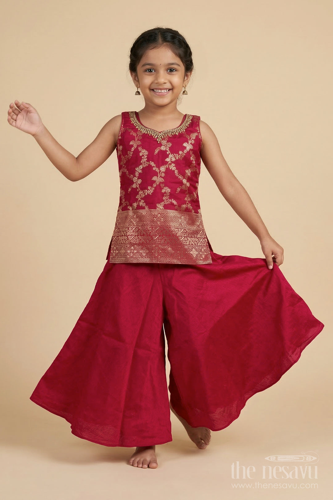 The Nesavu Girls Sharara / Plazo Set Festive Plazo Outfit for Girls with Embroidered Yoke and Tassel Dupatta Nesavu 18 (2Y) / Pink / Georgette GPS958B-18 Nesavu festive plazo outfit for girls with embroidered yoke and tassel dupatta – perfect for weddings and parties