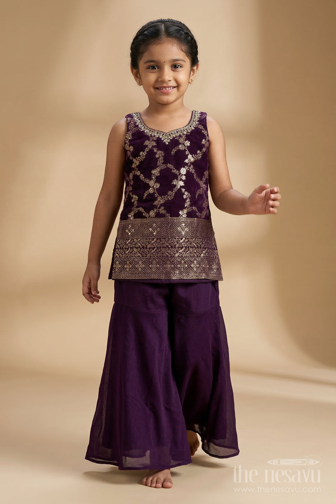 The Nesavu Girls Sharara / Plazo Set Festive Plazo Set for Girls with Embroidered Sleeveless Yoke and Dupatta Nesavu 18 (2Y) / Purple / Georgette GPS958C-18 Nesavu festive plazo set for girls with embroidered yoke and tassel dupatta – perfect for weddings and celebrations