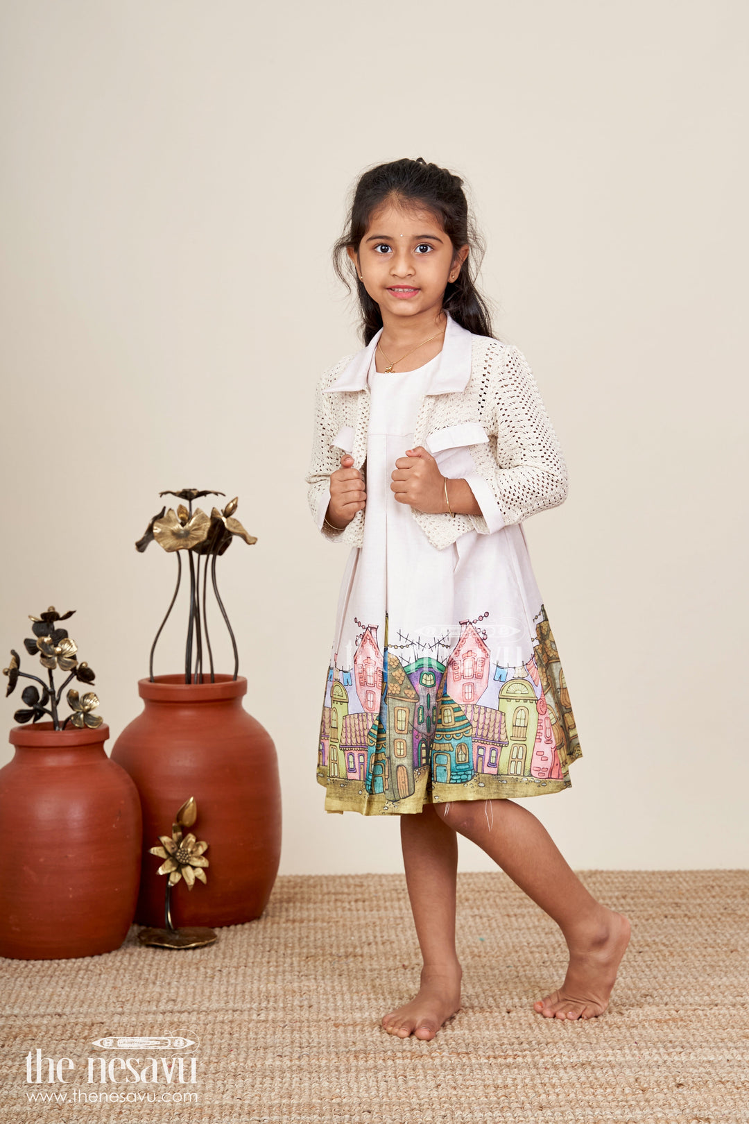 The Nesavu Girls Fancy Frock Festive printed frock with matching jacket for toddler girls Nesavu 20 (3Y) / Blue GFC1830B-20 Nesavu toddler girl printed frock layered jacket school functions festive photoshoots
