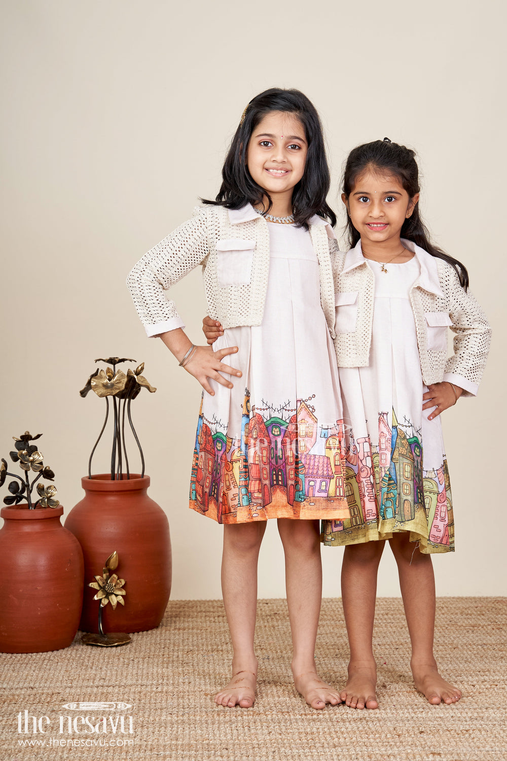The Nesavu Festive printed frock with matching jacket for toddler girls Nesavu Nesavu toddler girl printed frock layered jacket school functions festive photoshoots