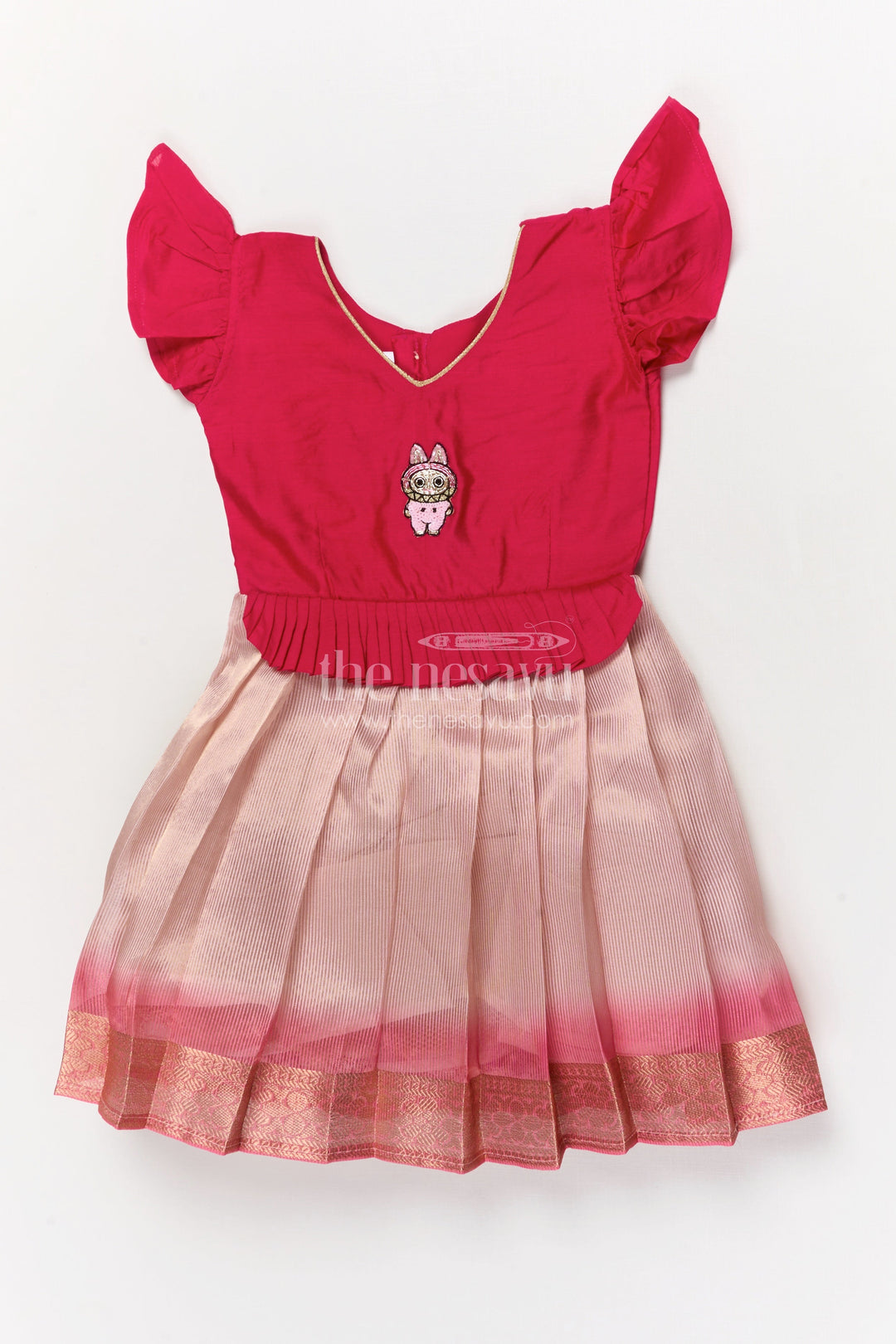 The Nesavu Silk Frock Festive Silk Frock for Baby Girls with Character Embroidery for Playful Occasions Nesavu 18 (2Y) / Deeppink / Silk Blend SF1116A-18 Nesavu festive silk frock for baby girls with character motif and pleated border skirt