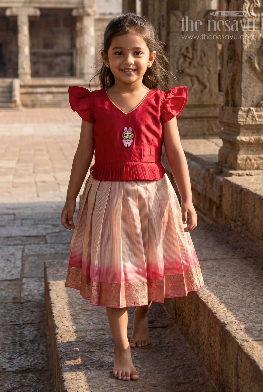 The Nesavu Silk Frock Festive Silk Frock for Baby Girls with Character Embroidery for Playful Occasions Nesavu 18 (2Y) / Deeppink / Silk Blend SF1116A-18 Nesavu festive silk frock for baby girls with character motif and pleated border skirt