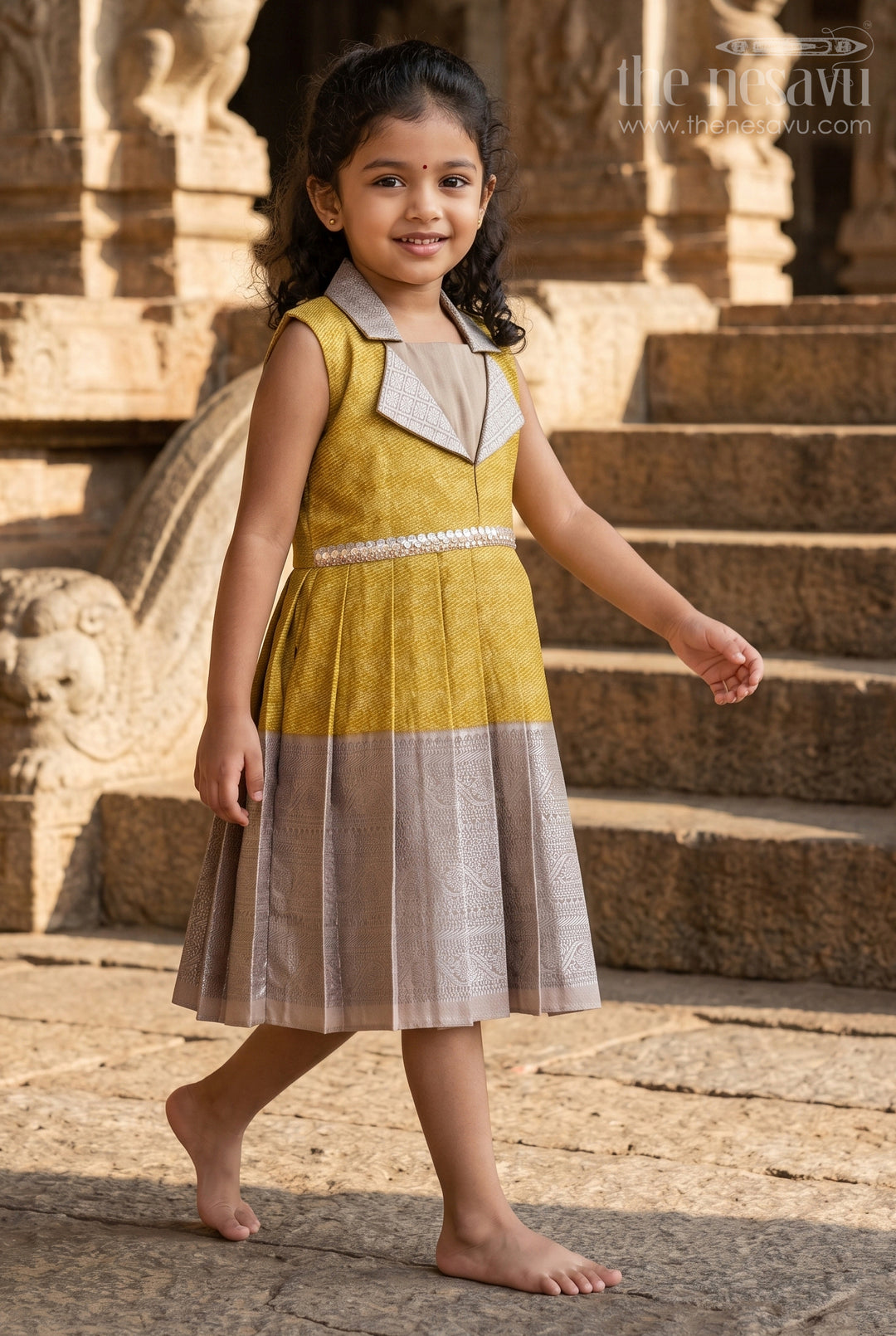 The Nesavu Girls Kanchi Silk Frock Festive Silk Frock for Girls for Family Functions and Cultural Events Nesavu 16 (1Y) / Yellow / Silk Blend SF992BC-16 Nesavu festive silk frock for girls with zari pleats and stone waist belt – ideal for family and cultural events