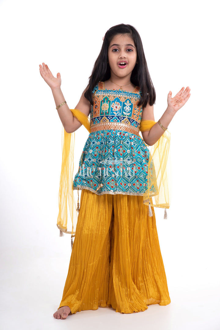 The Nesavu Girls Sharara / Plazo Set Festive Wear for Girls - Designer Embroidered Peplum Blouse with Chinon Sharara Pants Nesavu 16 (1Y) / multicolor GPS328A-16 Festive Wear for Girls - Embroidered Peplum Blouse & Chinon Sharara Pants Set