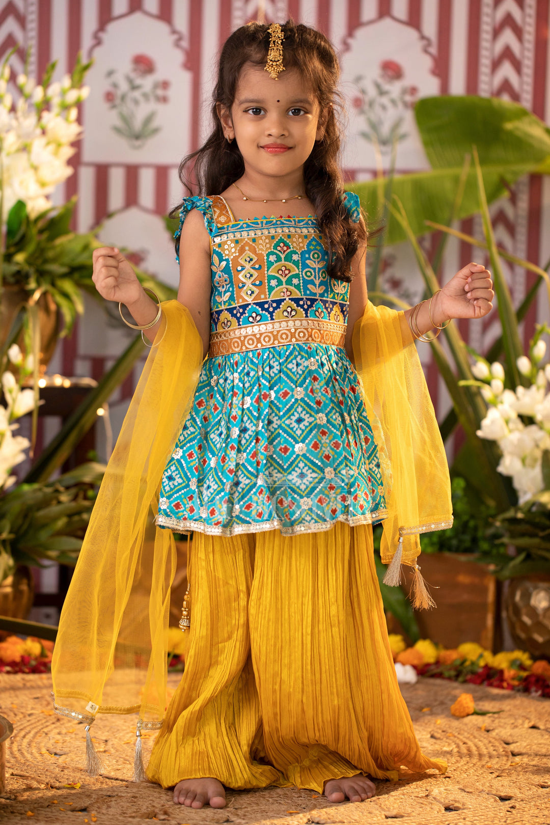 The Nesavu Girls Sharara / Plazo Set Festive Wear for Girls - Designer Embroidered Peplum Blouse with Chinon Sharara Pants Nesavu 16 (1Y) / multicolor GPS328A-16 Festive Wear for Girls - Embroidered Peplum Blouse & Chinon Sharara Pants Set