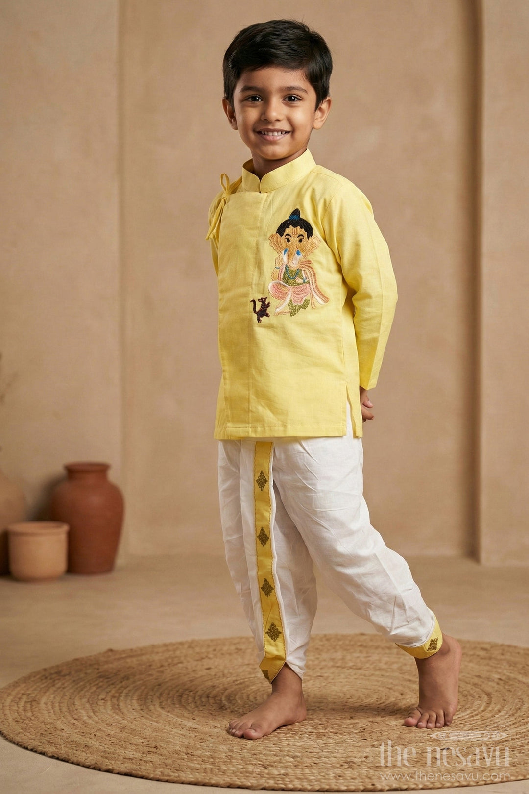 The Nesavu Boys Dothi Set Festive Yellow Ganesh Utsav Baby Kurtha with Dothi Pant Set Nesavu 12 (3M) / Yellow BES555A-12 Festive Yellow Ganesh Utsav Baby Kurtha with Dothi Pant Set - Vinayakar Chaturthi Special | The Nesavu