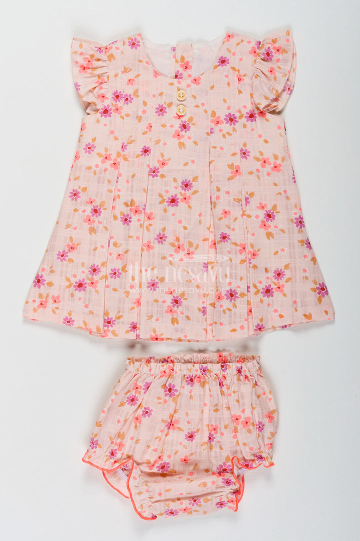 The Nesavu Baby Cotton Frocks First Birthday Frock for Baby Girls in Beige Printed Cotton with Colorful Floral Design Nesavu 12 (3M) / Orange BFJ792A-12 Nesavu First Birthday Frock Baby Girls Beige Floral Printed Cotton Bloomers